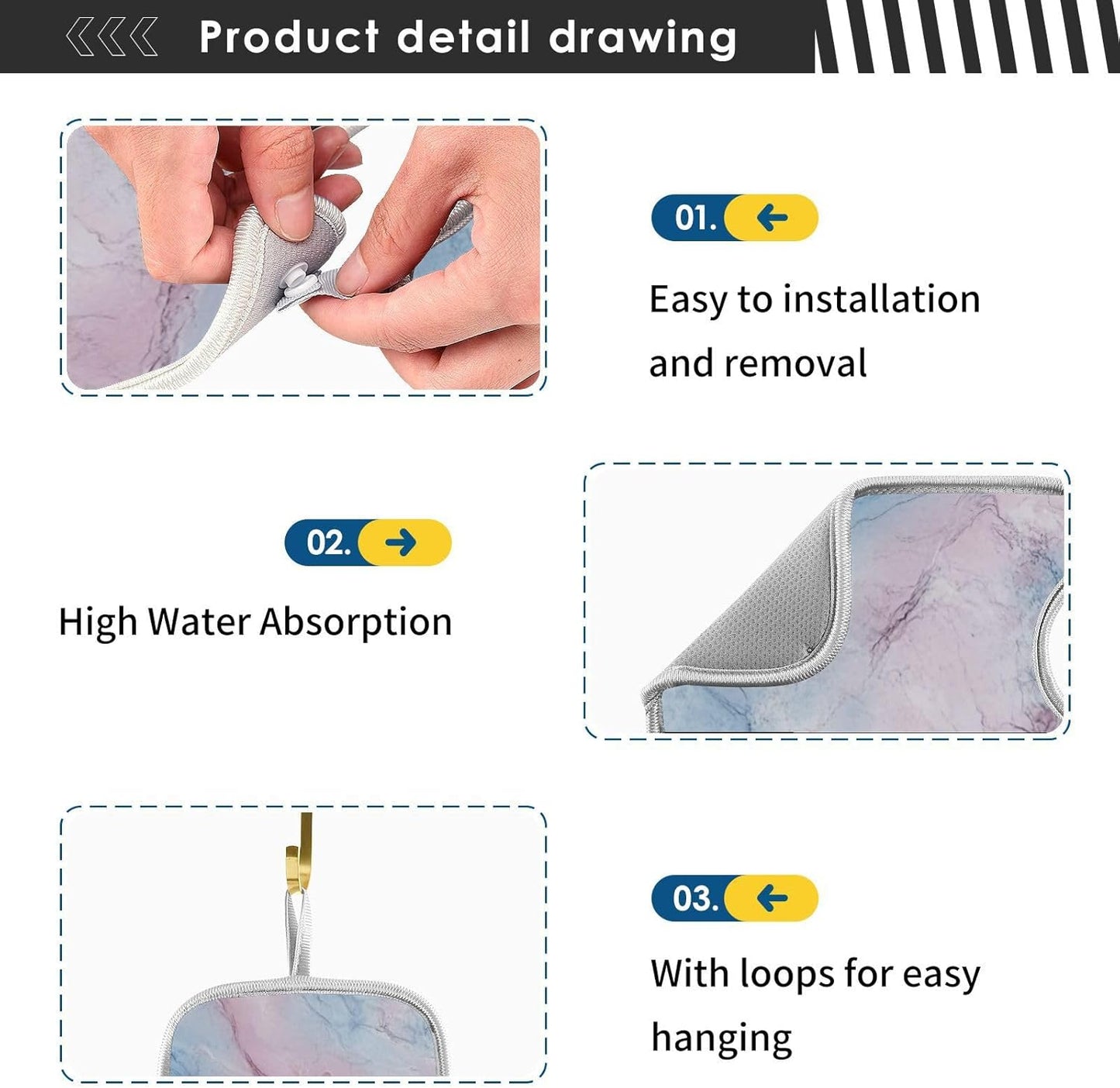 tray around faucet for kitchen sink Fast-Drying hangable sink matt for kitchen Sink Splash Guard & Protectors 23.6”--Pink and Light Blue Marble Texture