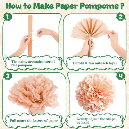 Sage Green and Peach Party Decorations, Boho Birthday Decorations for Women Girls, Baby Shower Decorations with Olive Peach Paper pom pom, Lanterns, Fans for Bridal Shower Wedding Engagement