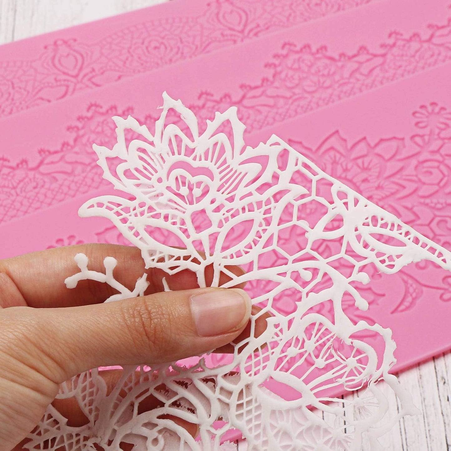Beasea Lace Molds for Cake Decorating, 5pcs Silicone Fondant Lace Mats Pink Flower Pattern Silicone Molds for sugar lace Craft Tools