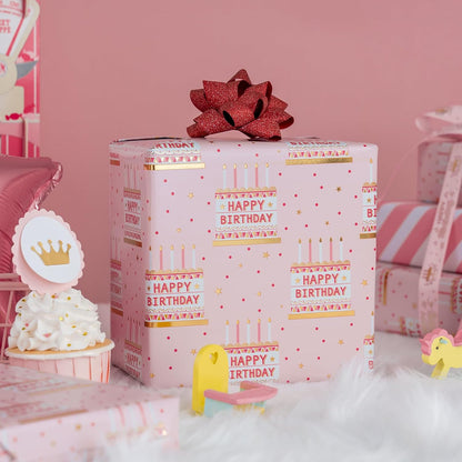 MAYPLUSS Pink Birthday Wrapping Paper Roll - 17 Inch X 16.5 Feet - Girly Shiny Metallic Pink Birthday Cake Pattern Reversible Gift Wrap Paper Pastel for Girl Baby Shower Wedding Bridal Shower