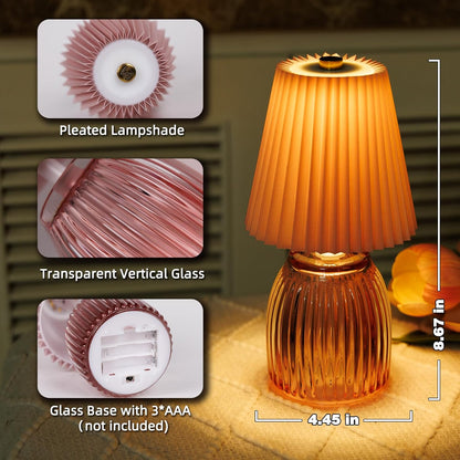 MJ PREMIER Small Battery Operated Lamp for Home Cordless Lamps with Timer 8.7 in High Battery Powered Pleated Lamp Emergency Small Lamps for Cozy Bedside Living Room Shelf Entryway Pink