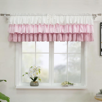 Ruffled Valance Farmhouse for Small Window White Pink Ombre 52W x 18L 1PC