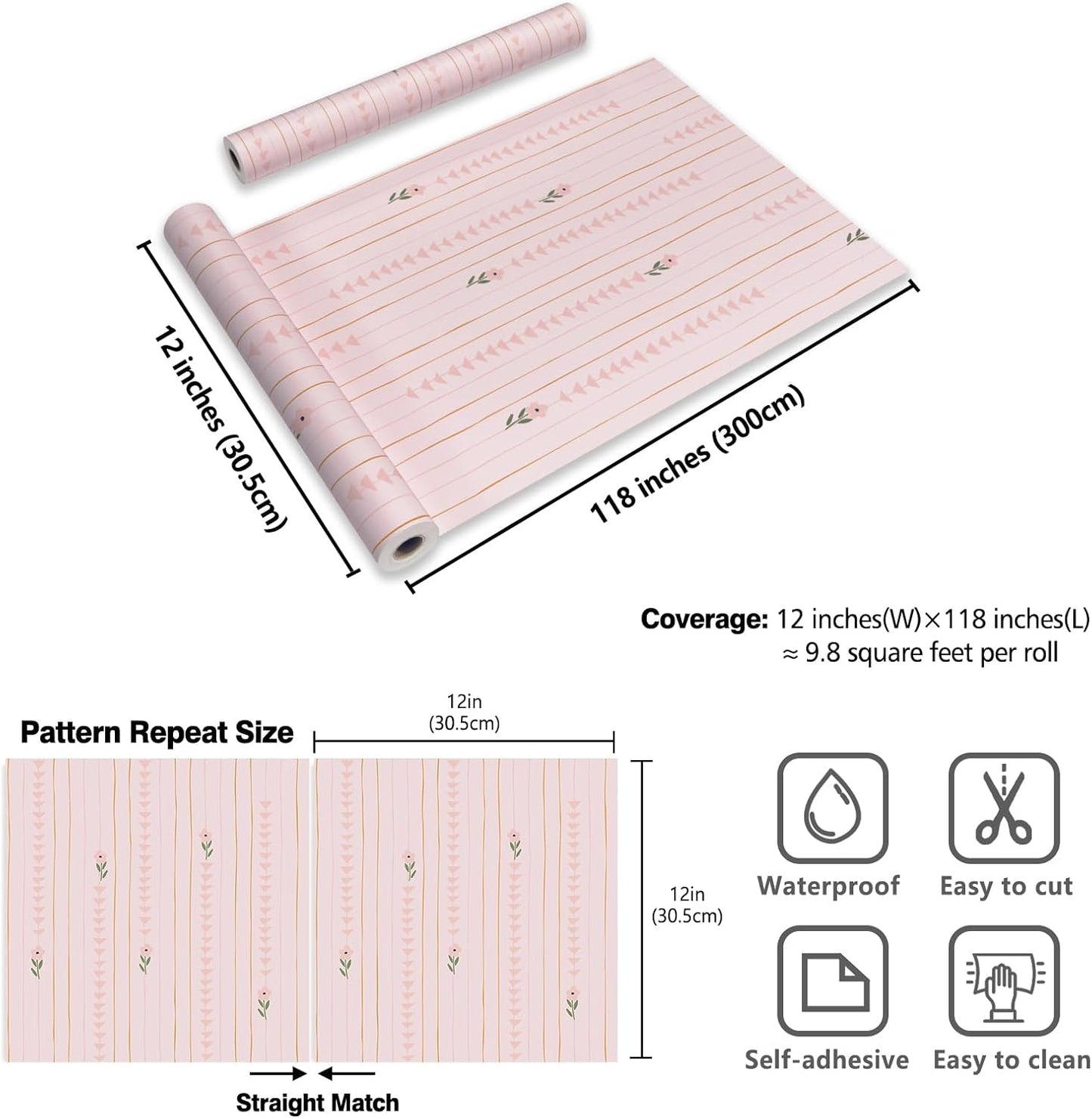 CRE8TIVE Cute Light Pink Floral Peel and Stick Wallpaper for Nursery Girls Bedroom Vertical Stripes Triangles Art Deco Wallpaper Removable Pink Contact Paper for Cabinets Drawers Accent Walls 12"x118"