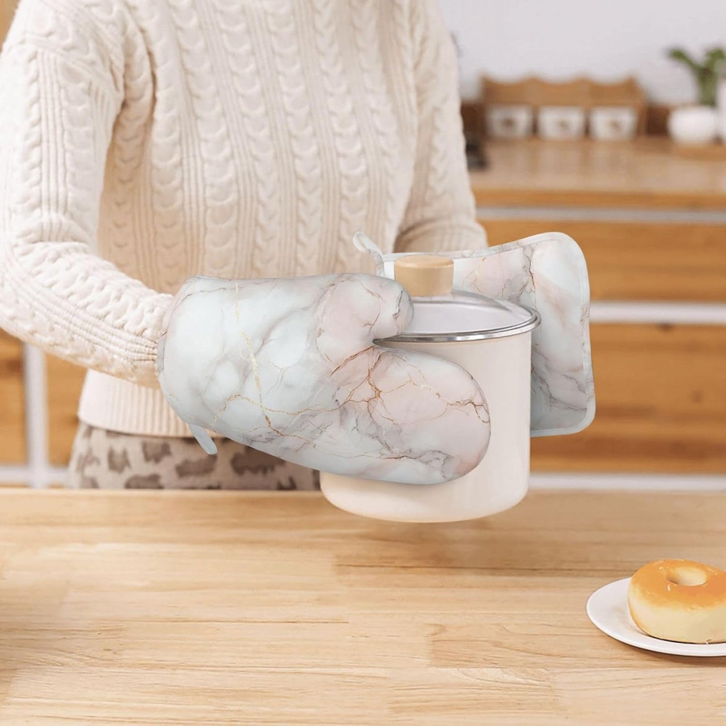 Oven Mitts and Pot Holders Pastel White Pink Marble Silicone Kitchen Accessories Set of 2 Heat Resistant Long Gloves Potholder Non-Slip Grip for Chef Cooking,Baking,Grilling,BBQ