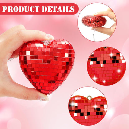 FYSUIMU 24Pcs Valentine Heart Shaped Hanging Ornaments Mirror Disco Ball Tree Bauble Red Pink Hanging Ornament for Valentine Wedding Anniversary Party Supplies