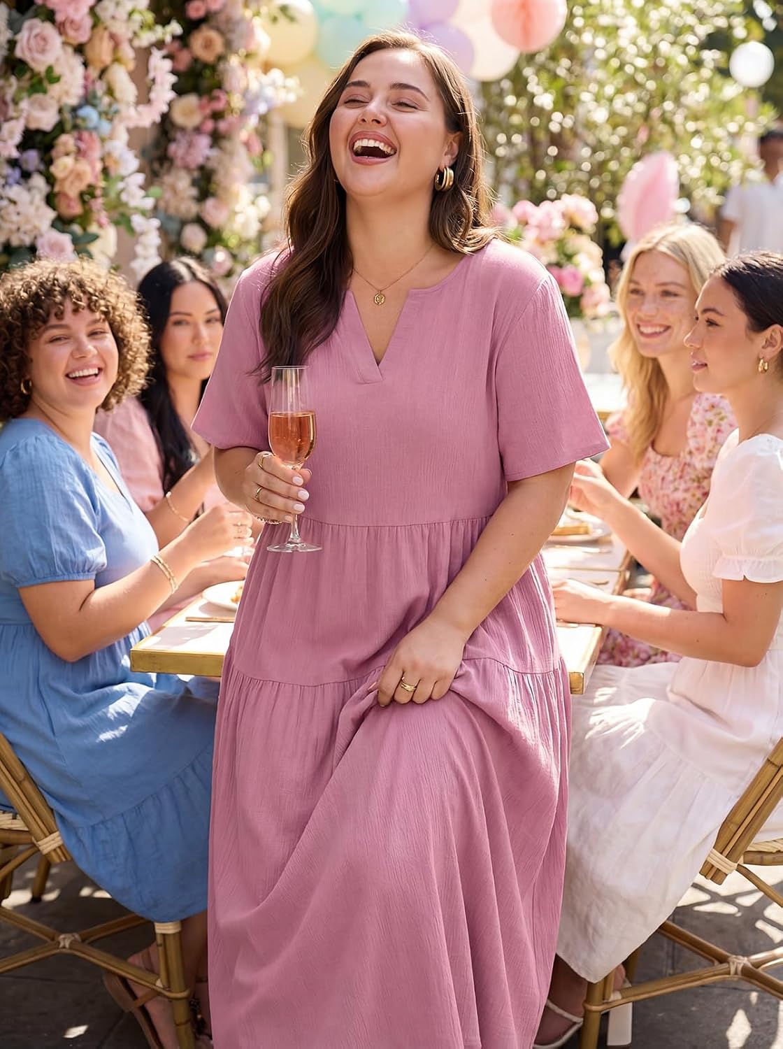 OLRIK Plus Size Maxi Dresses for Curvy Women - Flowy Boho Summer Dress with Pockets, V-Neck Short Sleeve for Beach Vacation