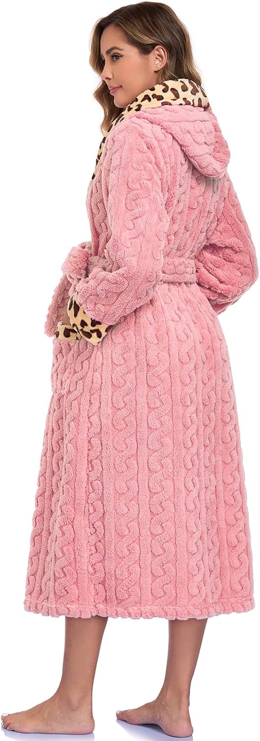 RONGTAI Womens Robe Soft Fuzzy Fleece Long Bathrobe Leopard Print Housecoat with Pockets & Belt S-XXL