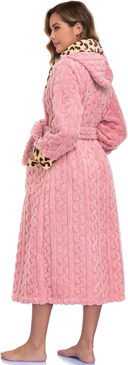 RONGTAI Womens Robe Soft Fuzzy Fleece Long Bathrobe Leopard Print Housecoat with Pockets & Belt S-XXL