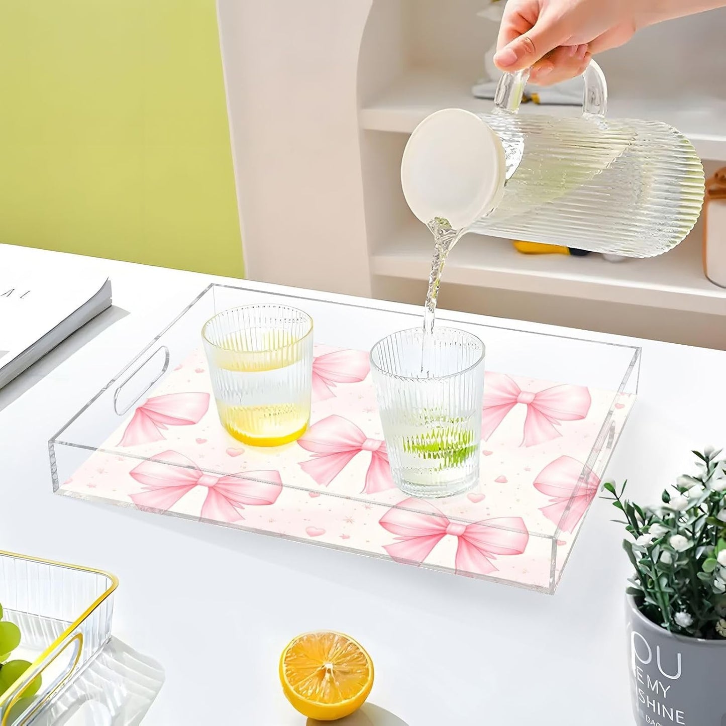 Bows Light Pink Serving Tray 12" x 16" Acrylic Trays with Handles Decorative Serving Platter for Coffee, Breakfast in Bed, Dinner, Appetizers, Patio, Party