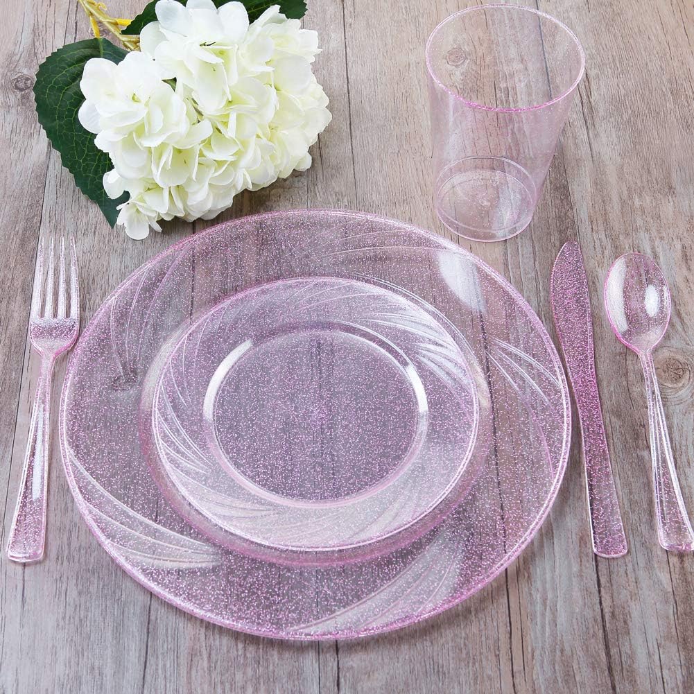 WDF Rose Gold Pink Plastic Plates with Pink Plastic Silverware include 40 Dinner & Salad Plates, 40Forks, 40 Knives, 40 Spoons for Party Baby Shower Wedding Spring