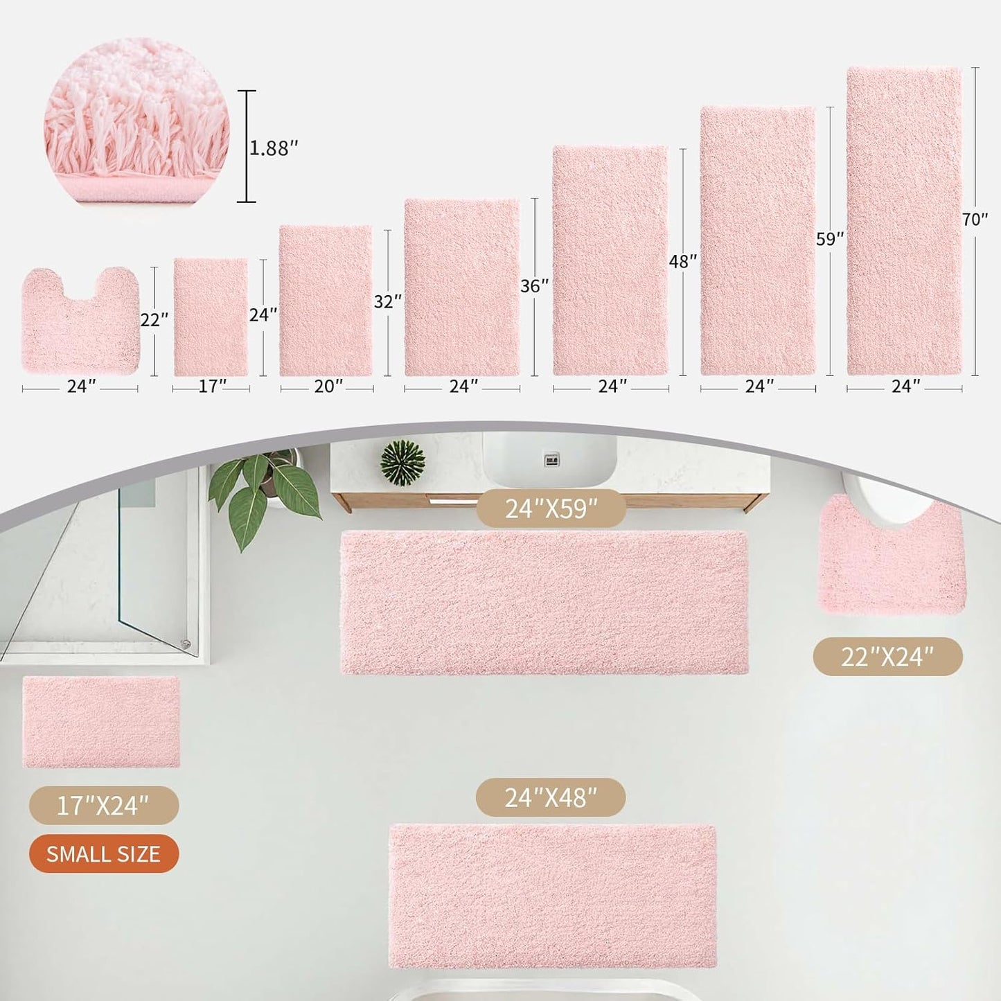 Disolla Pink Bathroom Rug 24x36 - Non-Slip Plush Thick Bath Mat, Highly Absorbent & Ultra Soft Fluffy Floor Mat, Machine Washable for Shower and Tub