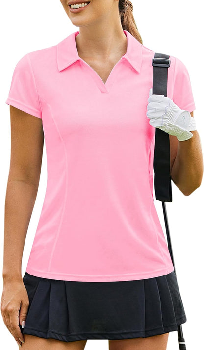 PINSPARK Womens Golf Shirt Short Sleeve Polo Shirts Quick Dry Tennis Tops V-Neck with Collar Pickleball Shirts Golf Outfits