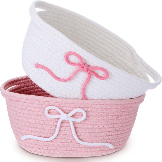 Glooglitter 2 Pcs Pink Bow Storage Baskets Woven Cotton Rope Laundry Hamper with Handles for Home Decor Organization Baby Room Bedroom (Solid Color)