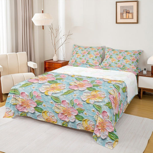 Erosebridal Pink Flower Sheet Set for Kids Girls Women, Spring Peach Blossom Water Color Bed Sheets Set Garden Botanical Daisy Sheets King, Green Leaves Plant Flat Sheet, Cute Room Decor Aesthetic