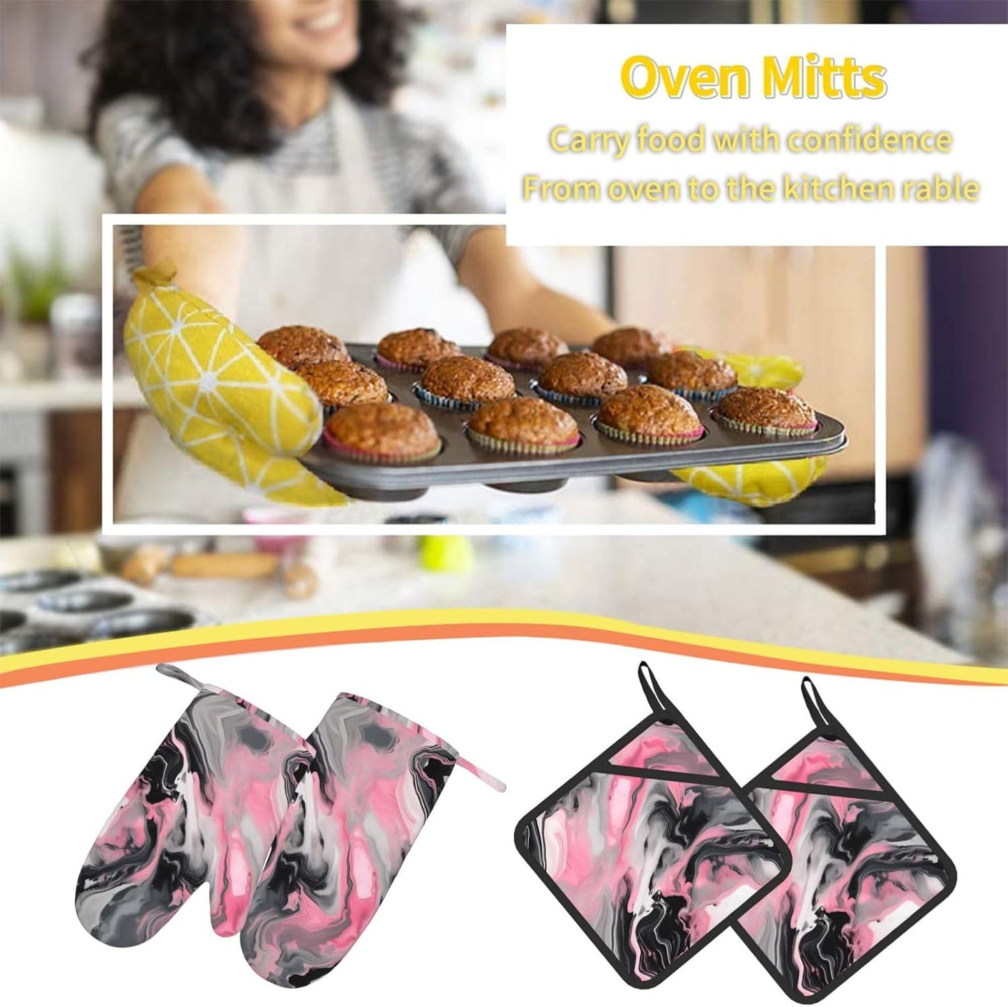 Pink Abstract Ink Marble Gray Artistic Print Oven Mitts and Pot Holders 4-Piece Set Heat Resistant Baking Gloves Silicone Kitchen Gloves