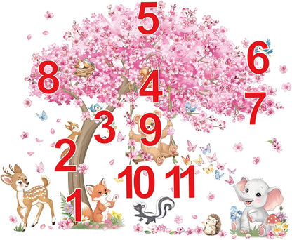 decalmile Large Cherry Blossom Tree Wall Stickers Woodland Animals Bear Deer Pink Flower Wall Decals Baby Nursery Kids Bedroom Living Room Home Decor