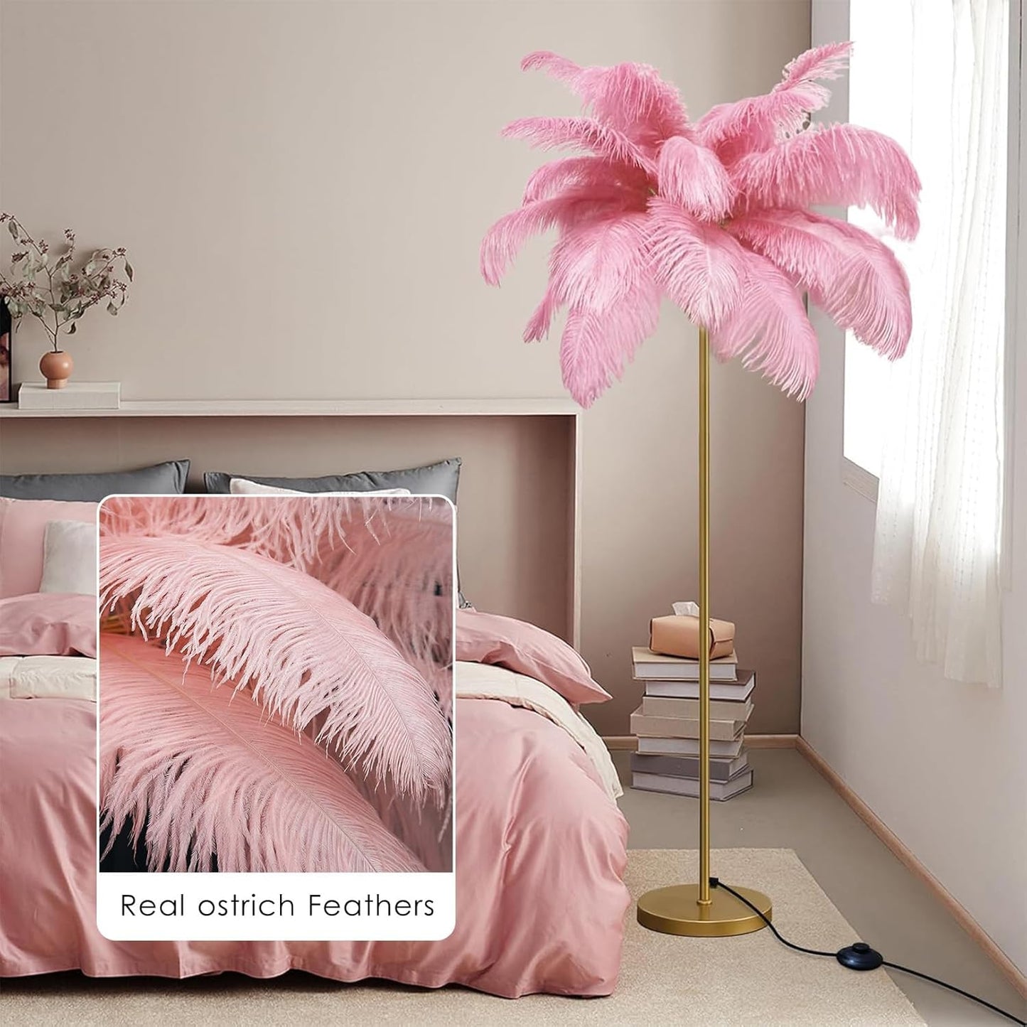 Ostrich Feather Floor Lamp, LED Light with 3 Colours, 160 cm Tall, Decorative Standing Light for Living Room,Light Pink,Large