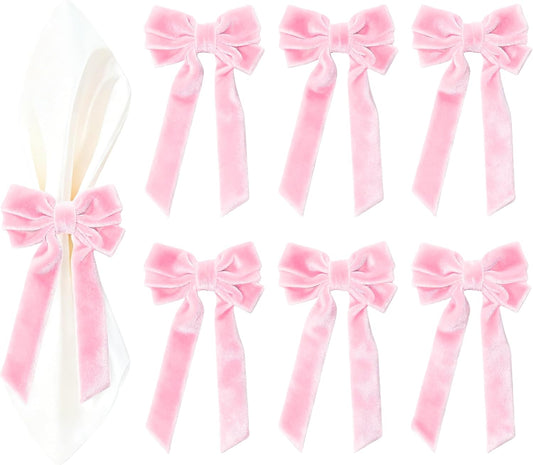 Meseey 6 Pcs Pink Velvet Bow Napkin Rings, 4x7 Inch Elegant Bow with 1.6 Inch Napkin Holder, Decorative for Wedding Birthday Baby Shower Dinner Party Table Setting