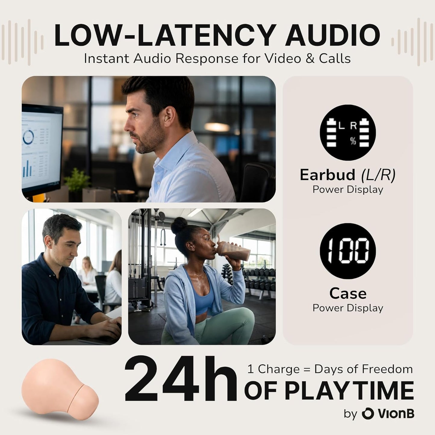 Air Skin Tones Invisible Earbuds for Small Ears - Wireless Bluetooth 5.4, Skin-Matching Mini Stemless Ear Buds, IPX5 Waterproof, ENC Noise Cancelling (Bare Peach)
