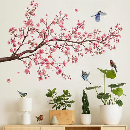 Pink Blossom Tree Wall Decals Birds on Branch Wall Stickers Pink Floral Wall Decor Flower Wall Decals for Bedroom Living Room Girls Room Nursery Office(Pink Blossom Tree)