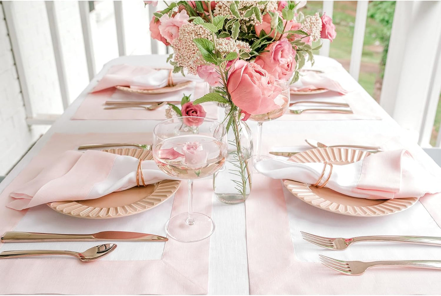 Solino Home 100% Pure Linen Placemats, Set of 4 - 14 x 19 Inch Blush Pink & White Table Mats - Contempo - Handcrafted European Flax, Machine Washable - Ideal for Summer