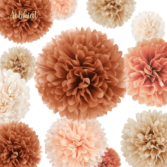AOBKIAT Fall Wedding Baby Shower Decorations Boho Style,15PCS | for Birthday Hanging Backdrop,Retro Bridal Shower,Halloween,Thanksgiving,with Brown Orange Peach Paper Pom Poms,Party Garland