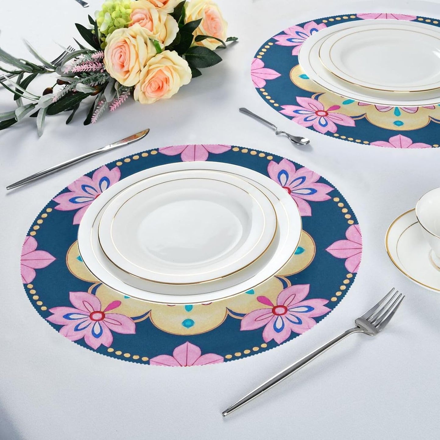 Cherry Blossom Boho Pattern Blue Peach table placemat round placemats heat resistant waterproof toddlers porta platos para mesa 15.4x15.4in set of 6