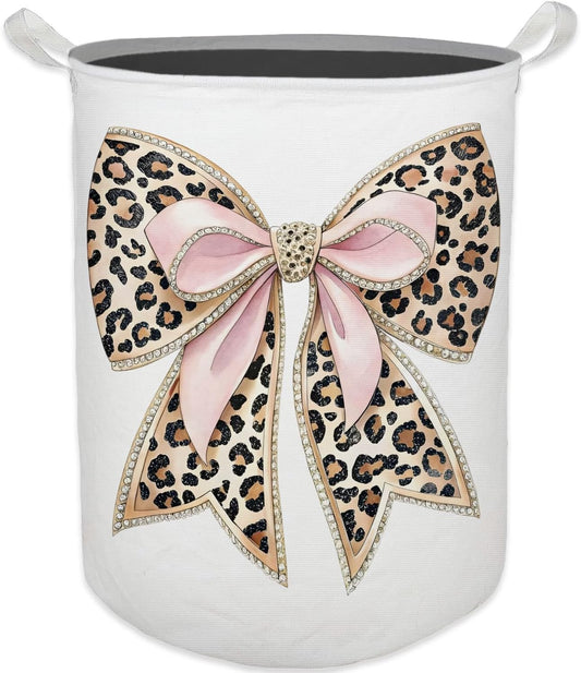 Coquette Bow Leopard Print Laundry Basket, Toybox for Girls, Trendy Pink Bow Laundry Basket Hamper Waterproof Collapsible Clothes Toys Storage Bin Organizer for Bedroom Bathroom Girls Room Dorm