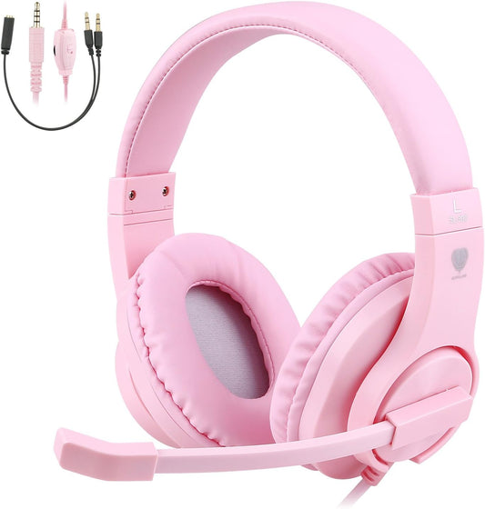 BlueFire Kids Headphones for Online School, Children, Teens, Boys, Girls, 3.5mm Stereo Over-Ear Gaming Headphone with Microphone and Volume Control for PS4, PS5, New Xbox One（Pink）