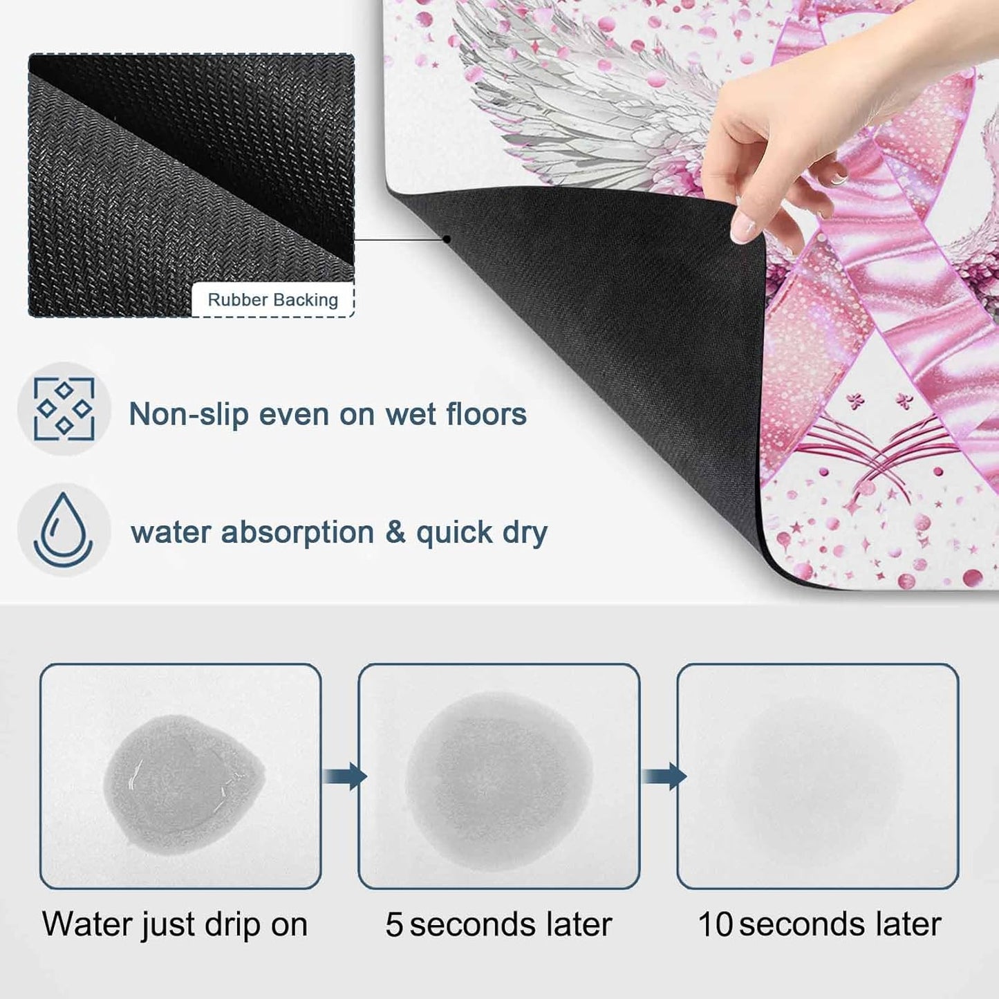 Pink Ribbon Wings Dish Drying Mat for Kitchen Counter, Absorbent Quick Dry Coffee Bar Mat Pad Thin Diatomaceous Sink Mats, Bows Flowers Love Heart Abstract Non Slip Dish Drainer Mats 12''x16''