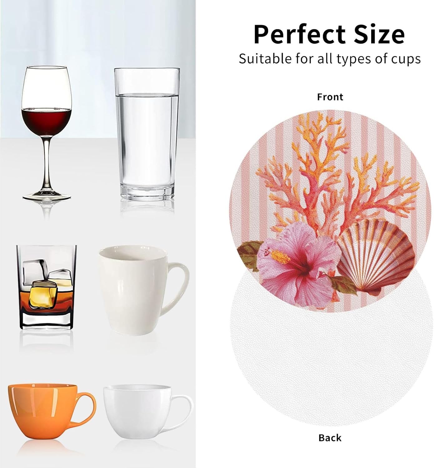 Light Pink Scallop Shell Hibiscus Flower Drinks Coasters Set of 4 Leather Drink Coasters for Tabletop Protection Heat Resistant Bar Cup Mat Pad