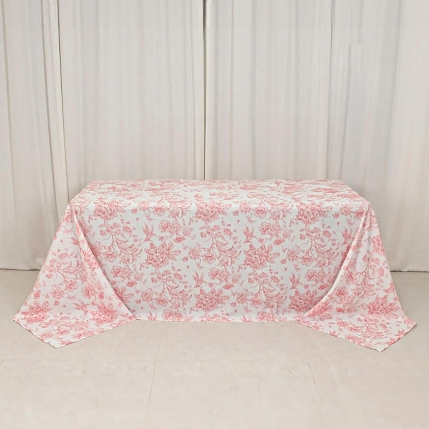Efavormart Polyester Rectangular Tablecloth 90"x132" White with Pink French Toile Pattern - Sophisticated Table Cover for Chic Weddings & Events