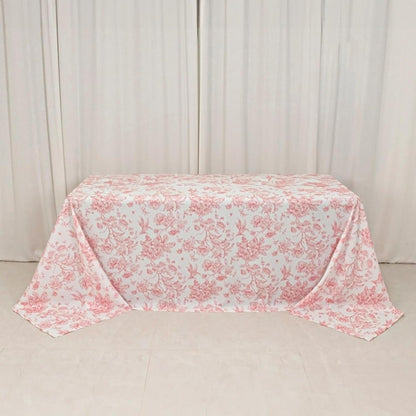 Efavormart Polyester Rectangular Tablecloth 90"x132" White with Pink French Toile Pattern - Sophisticated Table Cover for Chic Weddings & Events