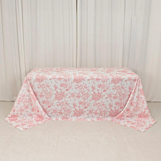 Efavormart Polyester Rectangular Tablecloth 90"x132" White with Pink French Toile Pattern - Sophisticated Table Cover for Chic Weddings & Events