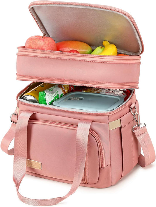 MAPLELILY Lunch Box for Men Women - Double Deck Insulated Lunch Bag, Large Leak Proof Tote Cooler, Wide Open Dual Compartment Lunch Bags with Shoulder Strap, For Work Picnic Hiking Beach, Pink