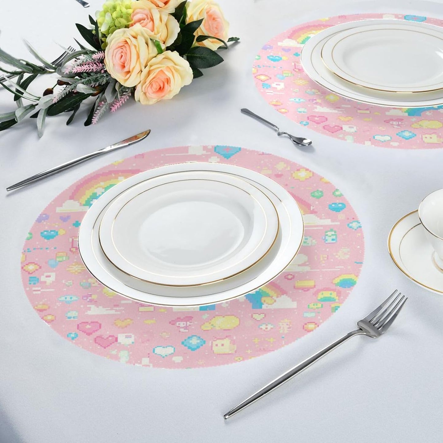 Pixal Peach Pattern Rainbow placemats round washable reusable chalkboard placemats rustic individuales para 15.4x15.4in set of 6