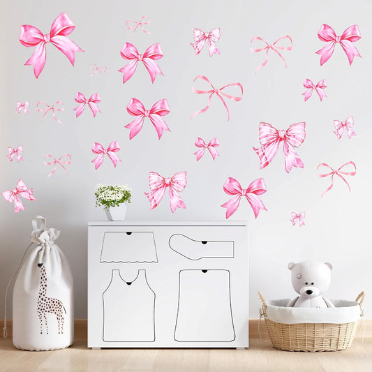 8Sheet/46PCS Pink Bow Wall Stickers, Bow Wall Decals for Bedroom and Bathroom, Bows Wallpaper for Valentine's Day Girls Party Home Bedroom Nursery