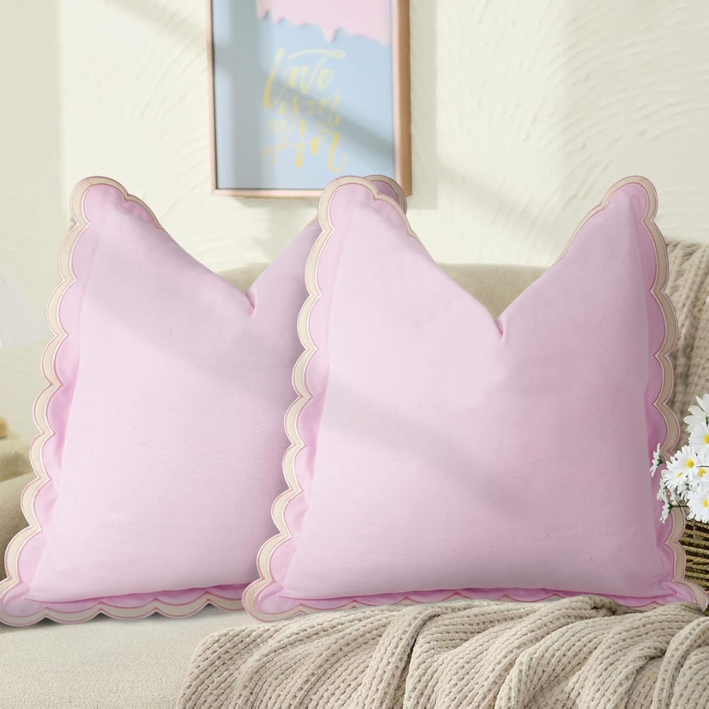 Scalloped Throw Pillow Covers Set of 2, 18x18 Inch Double Stitch Decorative Cotton Pillow Covers for Couch, Sofa & Living Room, Soft and Stylish Home Decor (Pink)