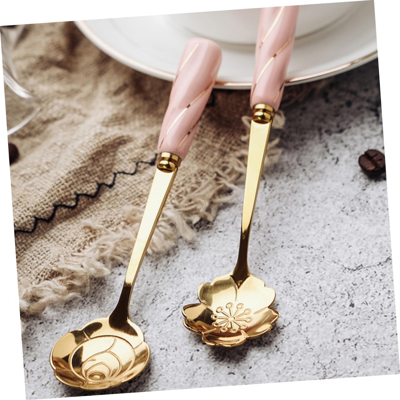 Mobestech 4pcs Dessert Spoons with Elegant Flower Ceramic Handles Creative Mixing and Cake Serving Utensils Stylish Pink Gold Design Practical for Coffee Tea and Beverages
