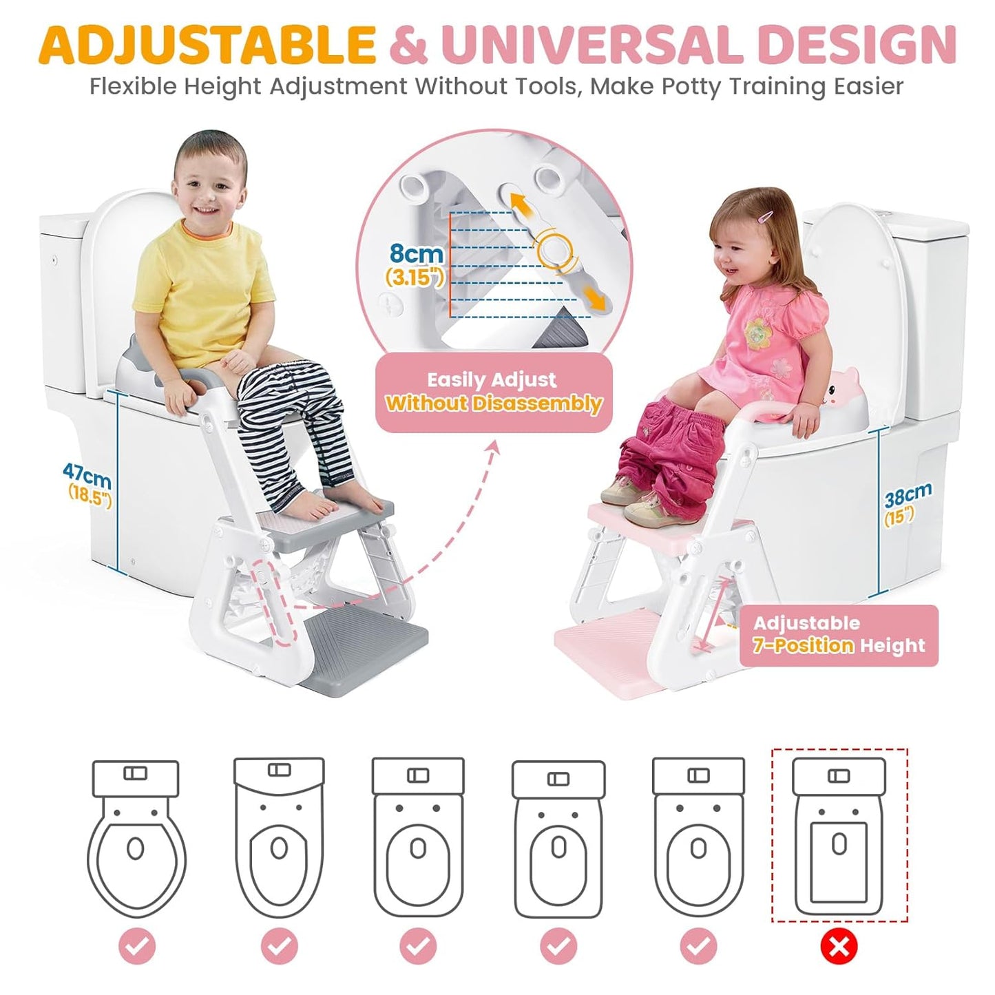 Orzbow Potty Training Seat with Step Stool Ladder for Toddlers, 7 Height Adjustable 2-in-1 Potty Training Toilet for Boys Girls, Splash Guard, Non-Slip, Stable Triangular Fits Most Toilets, Pink