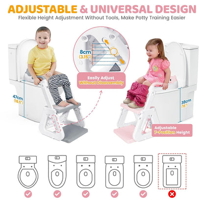 Orzbow Potty Training Seat with Step Stool Ladder for Toddlers, 7 Height Adjustable 2-in-1 Potty Training Toilet for Boys Girls, Splash Guard, Non-Slip, Stable Triangular Fits Most Toilets, Pink
