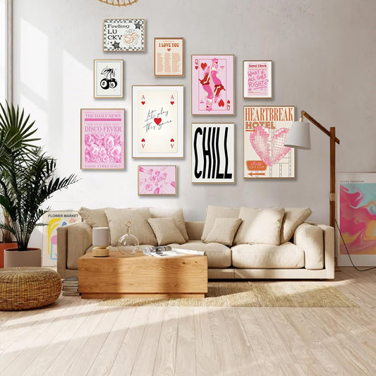 Preppy Room Decor for Teens,10pcs Pink Queen of Hearts Posters for Room Aesthetic Y2k,Feeling Lucky Fashioon Canvas Wall Art, Minimalist Modern Wall Art,Trendy Eclectic Wall Decor for Bedroom Living