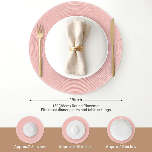FunWheat Round Braided Placemats Set of 8 Place Mats for Dining Table Woven Washable Non-Slip Table Mats 15 Inch(Pink,8pcs)