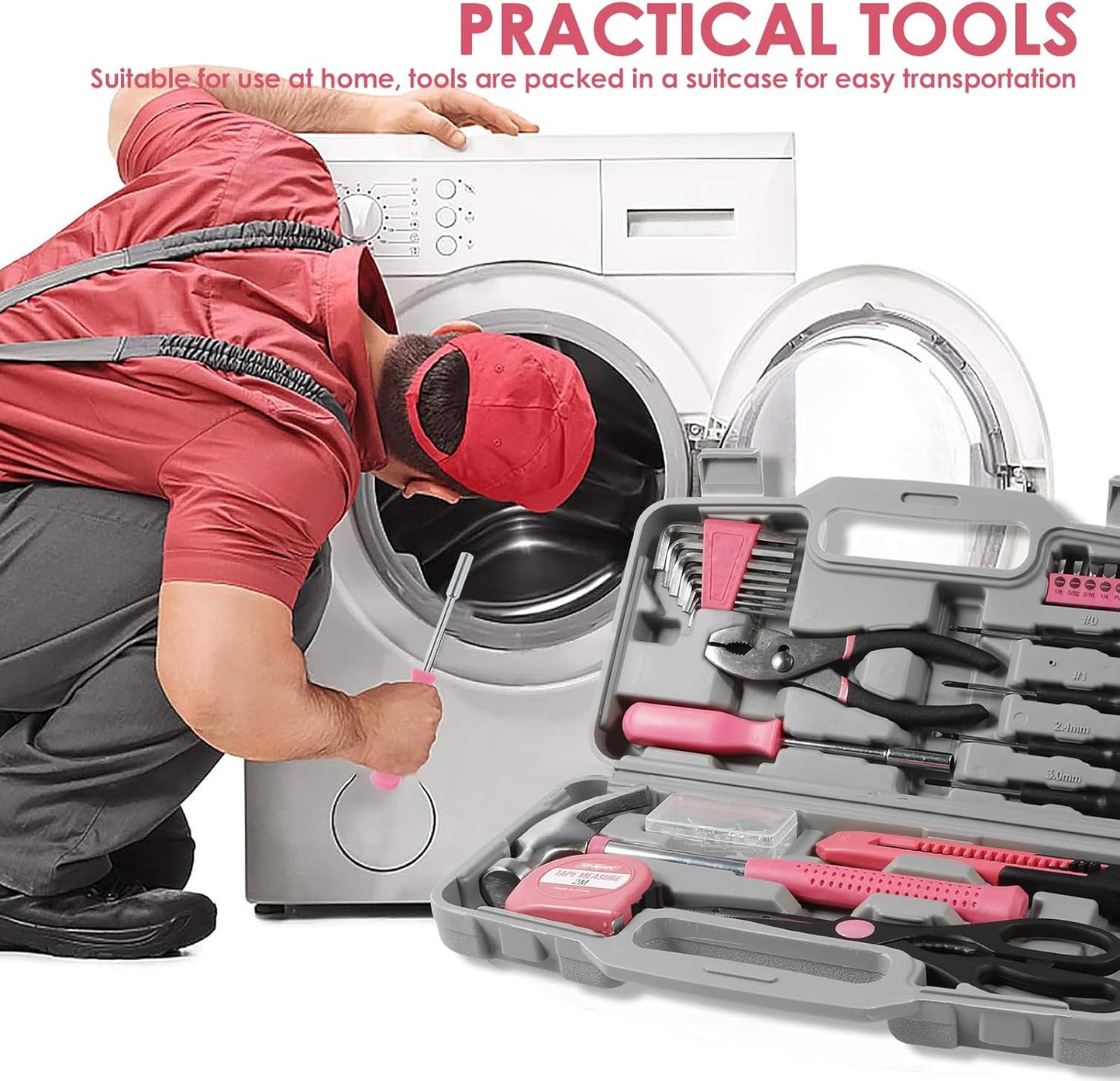 34-Piece Household Tools Kit, Household Tool Set General Repair Small Hand Tool Kit in Toolbox Storage Case, Household Tool Set for Women, Girls and Ladies, Pink, Mini Tool Box Set for Dorm