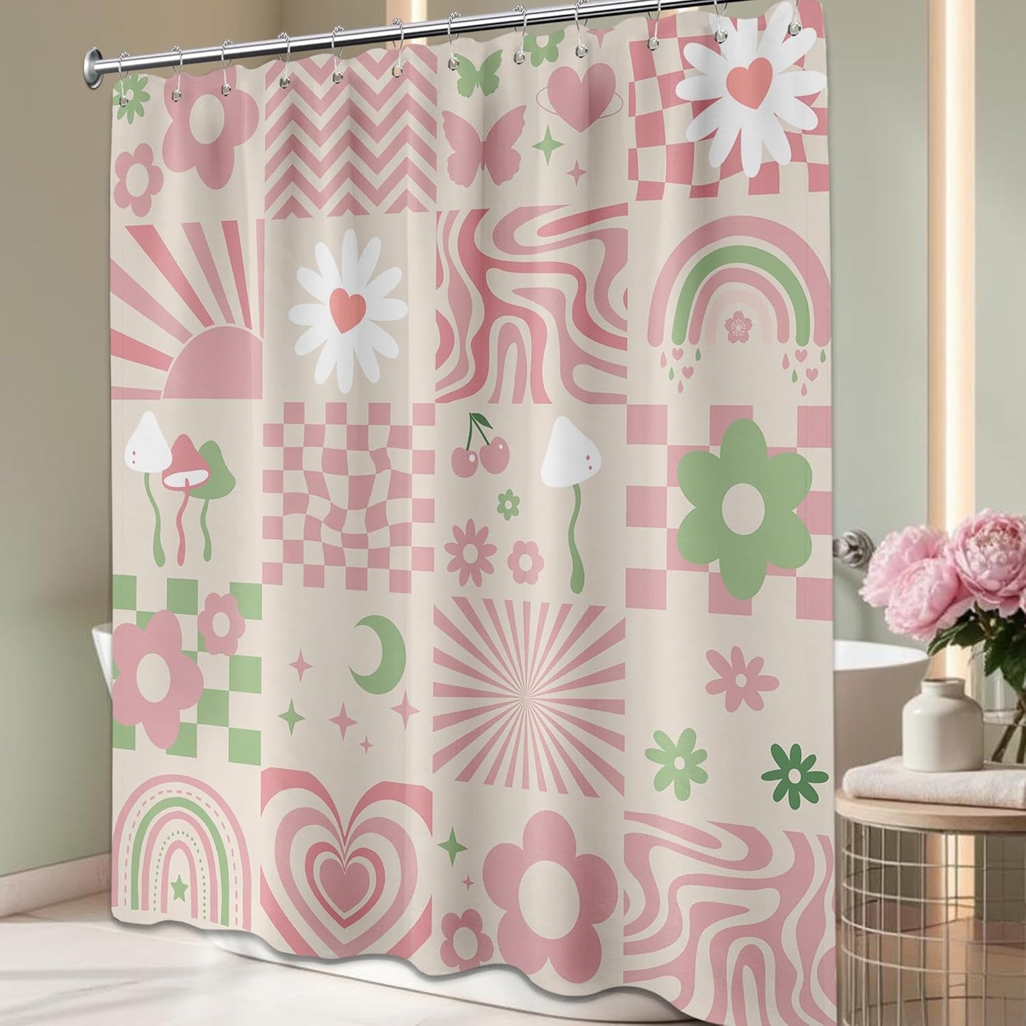Cute Pink Shower Curtain Y2k Preppy Kawaii Girls Checkered Bathroom Decor, Waterproof Cloth Fabric with Hooks 70" W x 72" L