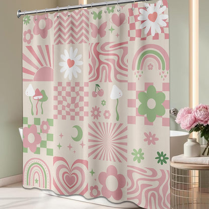 Cute Pink Shower Curtain Y2k Preppy Kawaii Girls Checkered Bathroom Decor, Waterproof Cloth Fabric with Hooks 70" W x 72" L