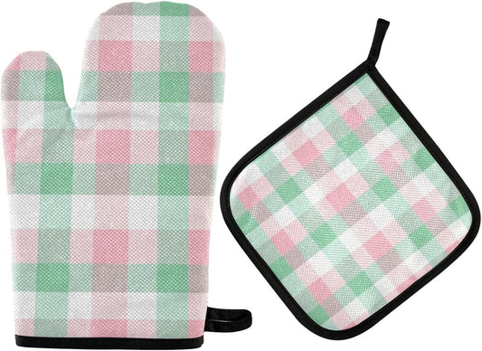 Light Pink Green Checkered Oven Mitts and Pot Holders Set for Cooking Baking Kitchen Decor