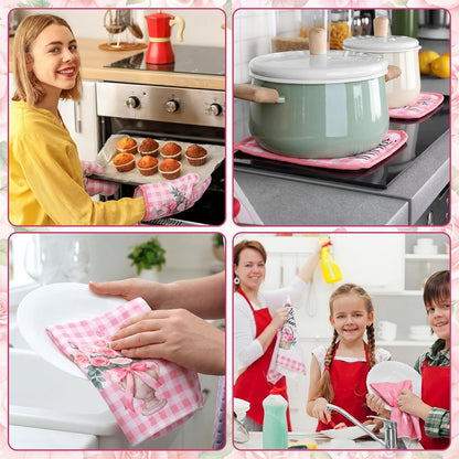Fourluoo 10 Pcs Pink Rose Kitchen Decor Set Towels and Rugs Oven Mitts and Pot Holders Farmhouse Spring Kitchen Decor Set for Women Mom Gift Cooking Baking Grilling