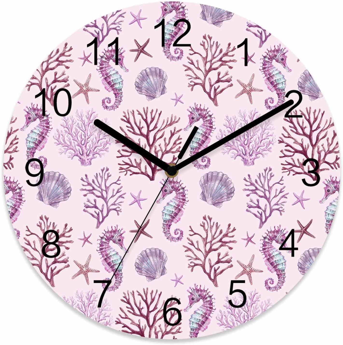 Marine Life Wall Clock Battery Operated Non-Ticking 10" Round Wood Clocks, Ocean Coral Seahorse Starfish Pink Kitchen Wall Clock for School Bathroom Living Room Home Office Wall Decor