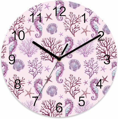 Marine Life Wall Clock Battery Operated Non-Ticking 10" Round Wood Clocks, Ocean Coral Seahorse Starfish Pink Kitchen Wall Clock for School Bathroom Living Room Home Office Wall Decor